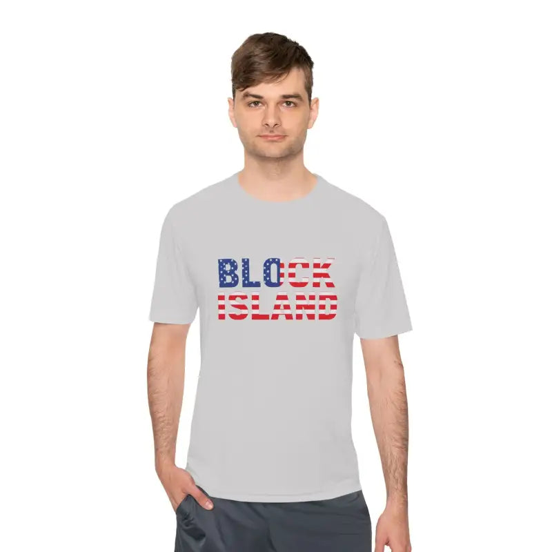 Man showcasing a Block Island USA Flag Unisex Moisture Wicking T Shirt