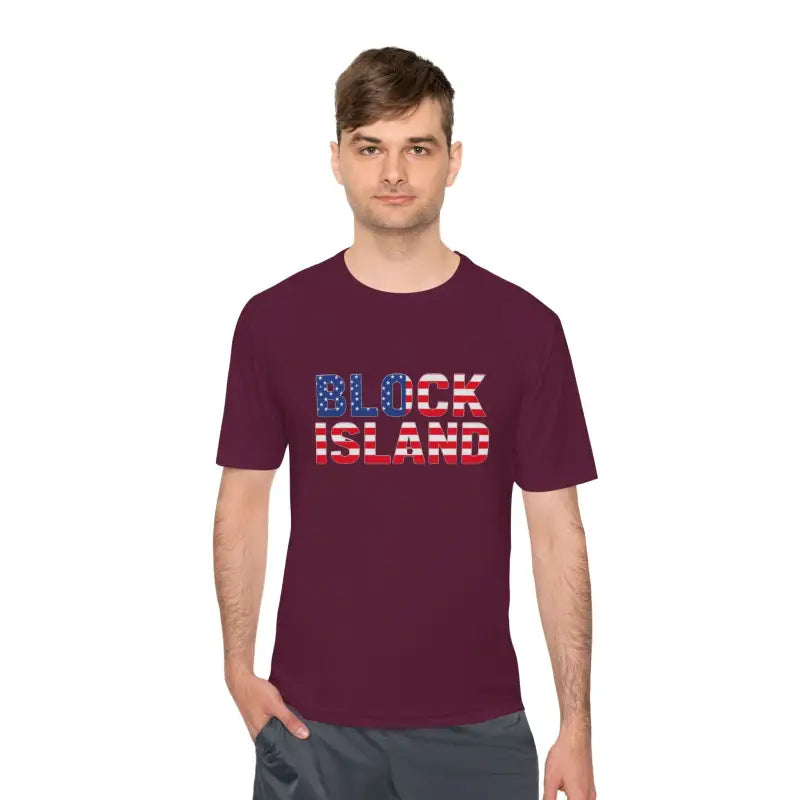 Maroon Block Island USA Flag Unisex Moisture Wicking T Shirt with American flag lettering