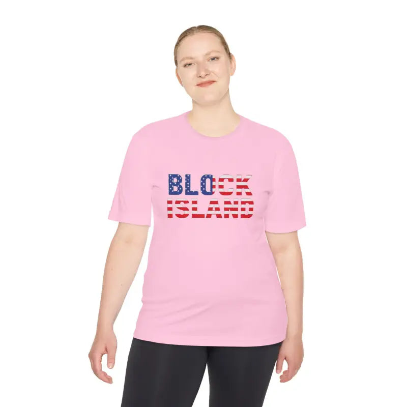 Pink Block Island USA Flag Unisex Moisture Wicking T-Shirt featuring ’Block Island’ text
