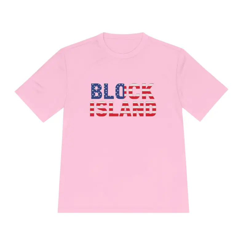 Pink Block Island USA Flag Unisex Moisture Wicking T-Shirt featuring Block Island text