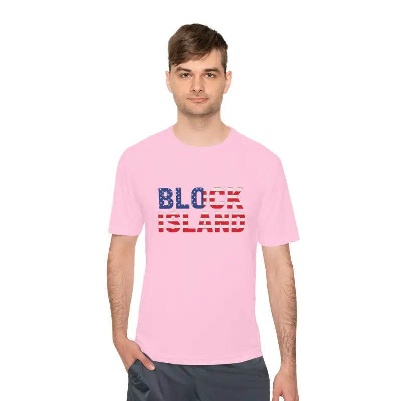 Pink Block Island USA Flag Unisex Moisture Wicking T Shirt with American flag lettering
