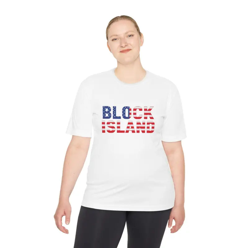 White moisture-wicking T-shirt featuring Block Island text for unisex wear