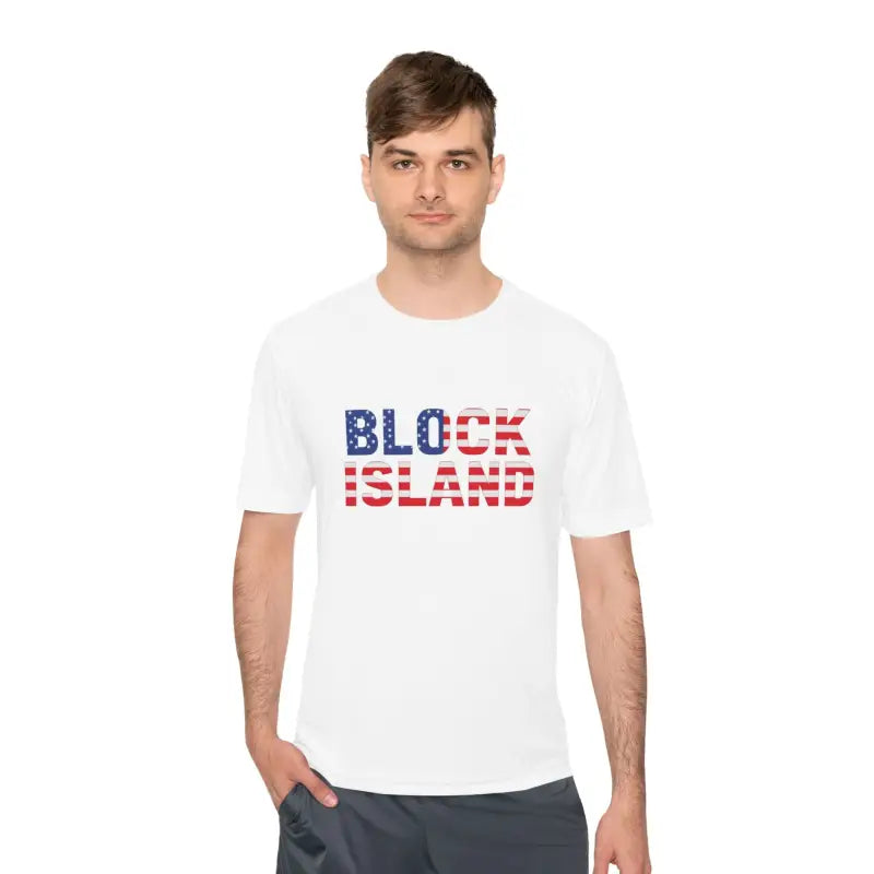 White Block Island t-shirt with USA flag design for unisex moisture wicking use
