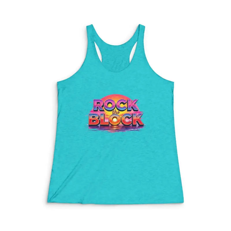 Turquoise Block Island Women’s Racerback Tri Blend Tank Top on display