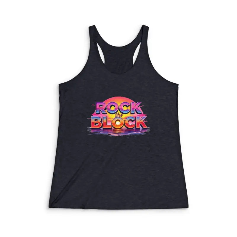 Black tank top featuring Rock the Block graphic from Block Island Women’s Racerback collection