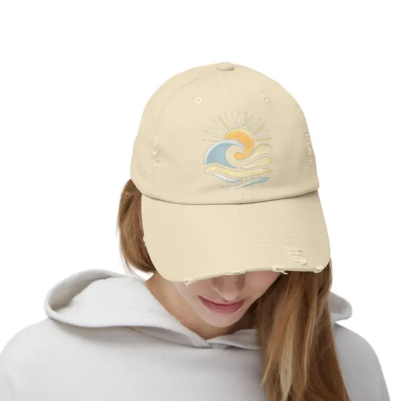 Beige distressed baseball cap from Cap Wave Sun Ocean Distressed Unisex collection