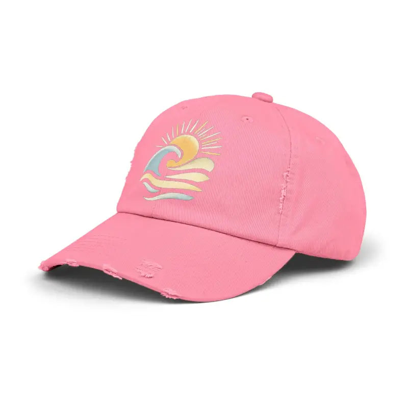 Pink baseball cap featuring sun and wave design, ideal for ocean lovers and casual wear