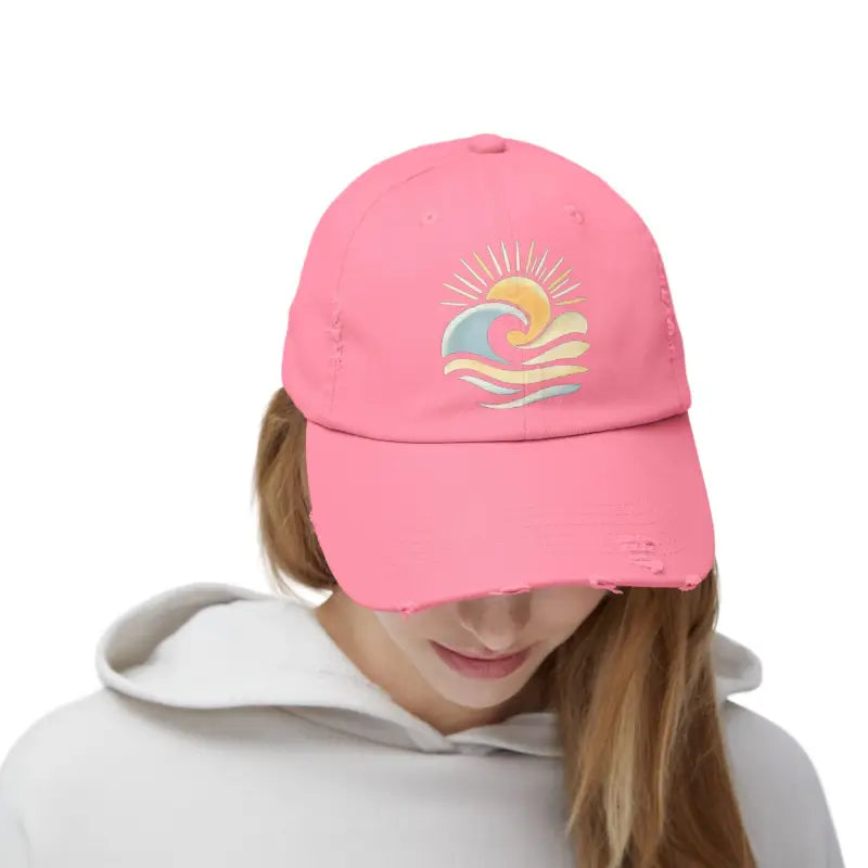 Pink distressed baseball cap featuring sun and wave design in Cap Wave Sun Ocean Distressed Unisex