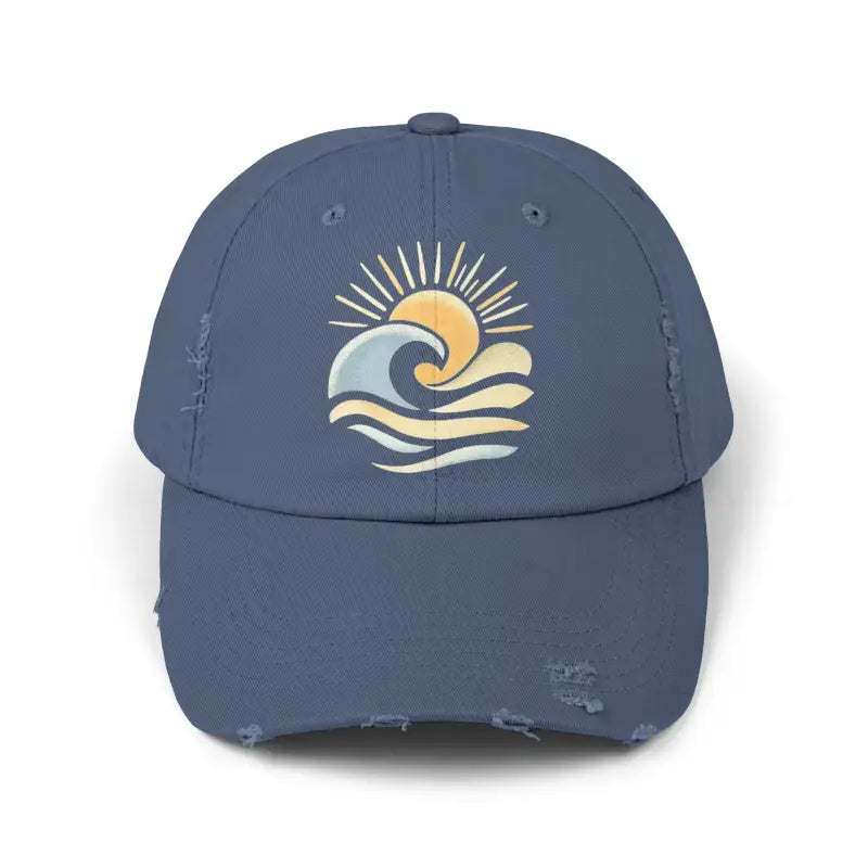 Distressed blue baseball cap featuring sun and wave design for unisex coastal style