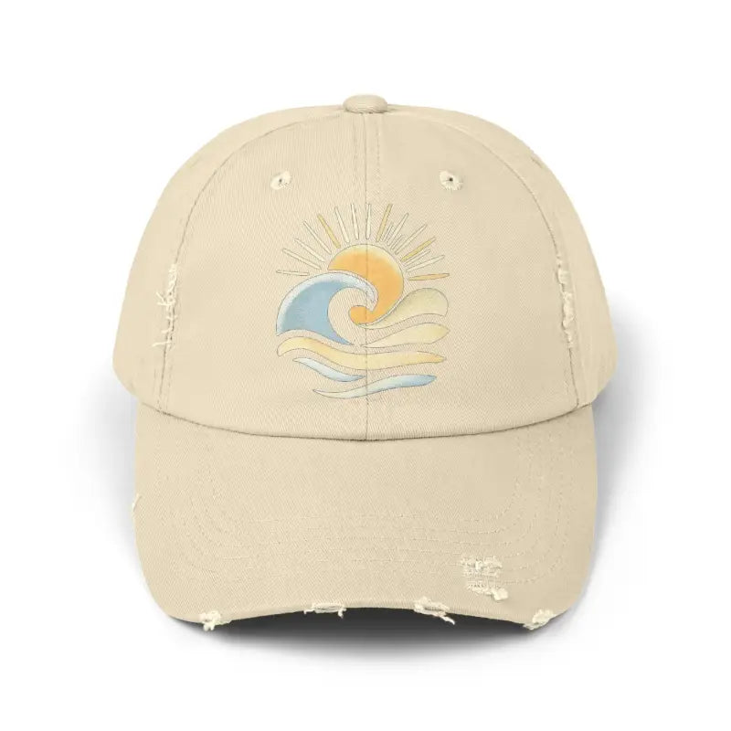 Distressed beige baseball cap featuring a sun and wave design for unisex wear