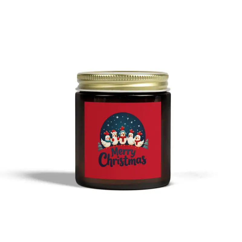 Christmas-themed candle jar from Caroling Chicken Christmas Candle featuring coconut apricot wax