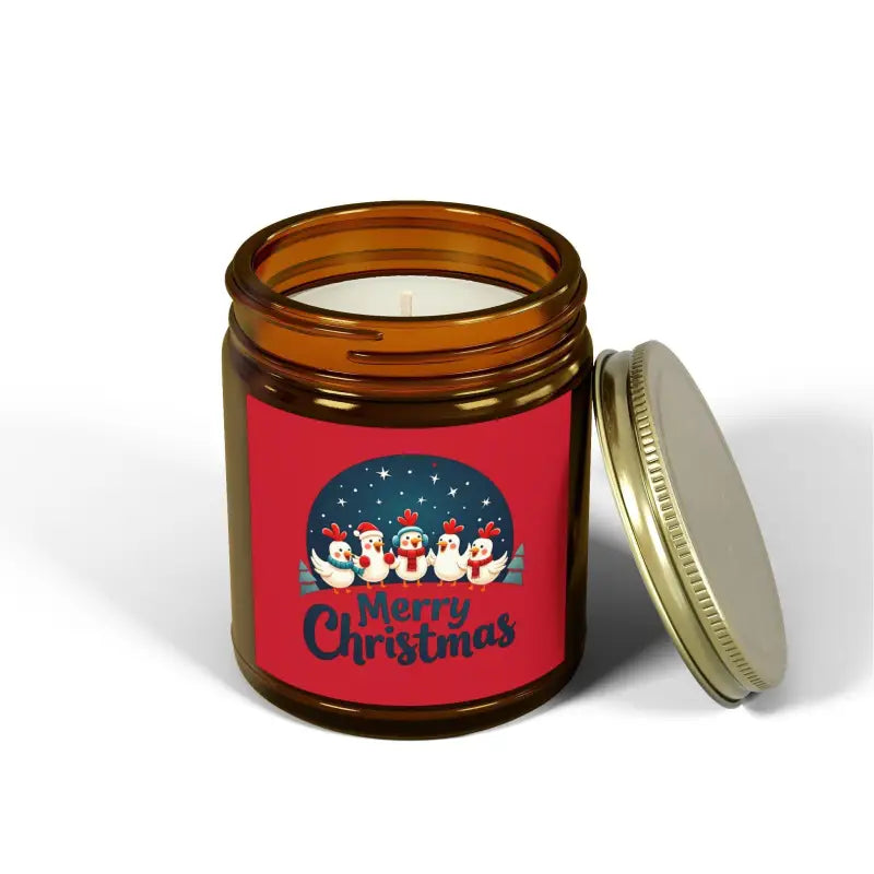 Christmas-themed amber jar candle from Caroling Chicken for home decor