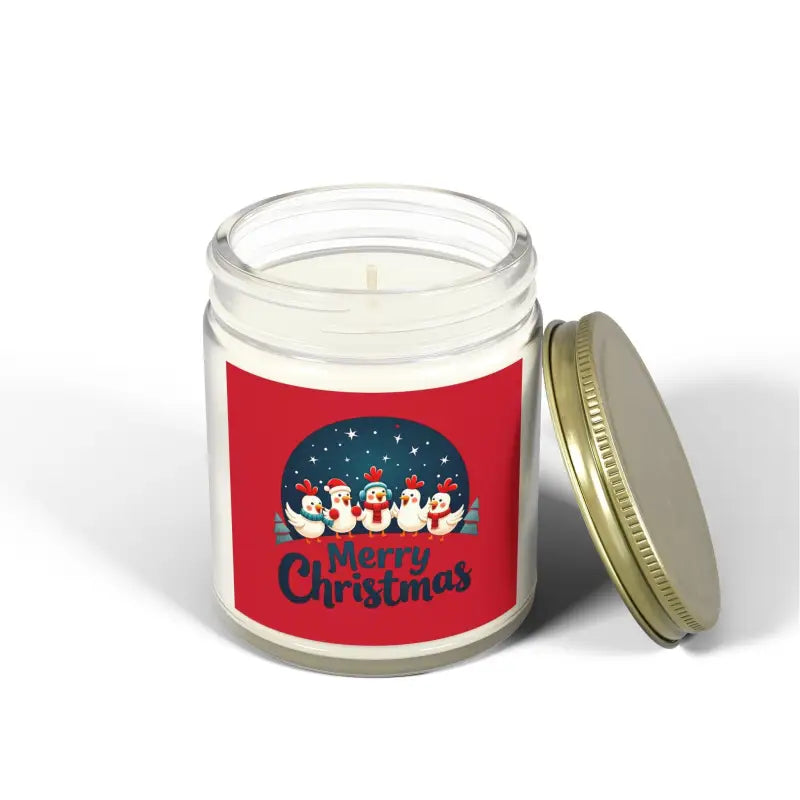 Christmas-themed candle in glass jar for Caroling Chicken Christmas Candle decor