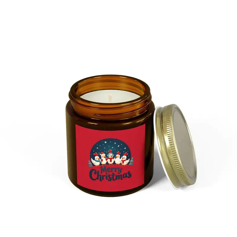 Christmas-themed candle in amber glass jar, Caroling Chicken Coconut Apricot Wax