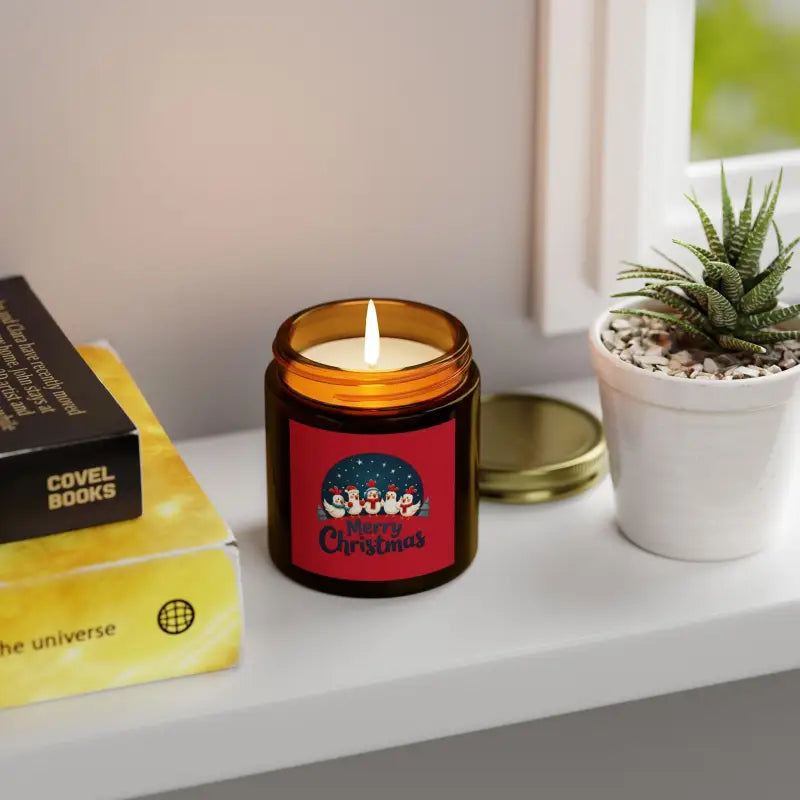 Lit Christmas candle from Caroling Chicken Coconut Apricot Wax Home Decor