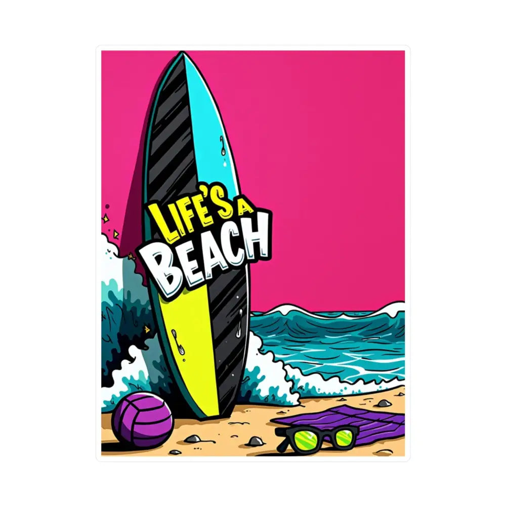 Cartoon beach scene sticker decal featuring vibrant colors and cheerful characters