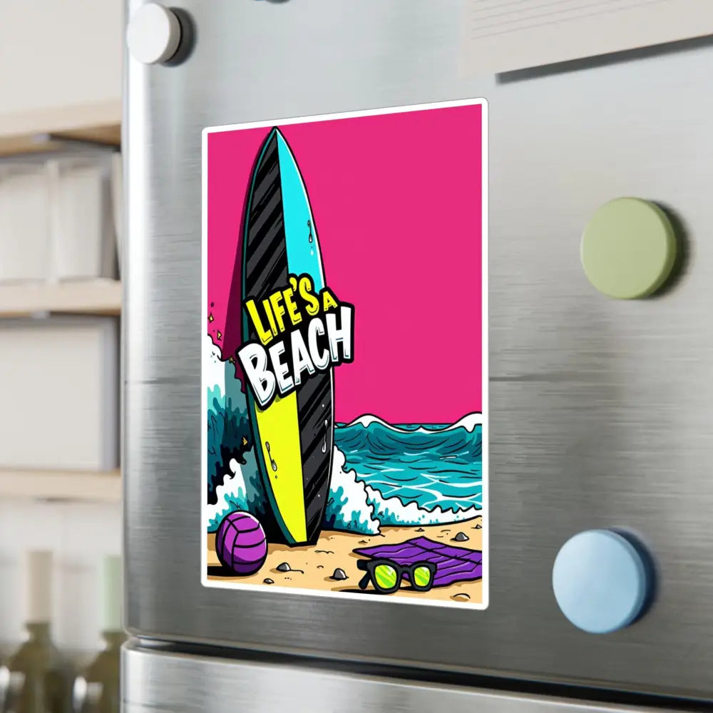 Cartoon Beach Scene Sticker Decal featuring a vibrant beach-themed refrigerator magnet