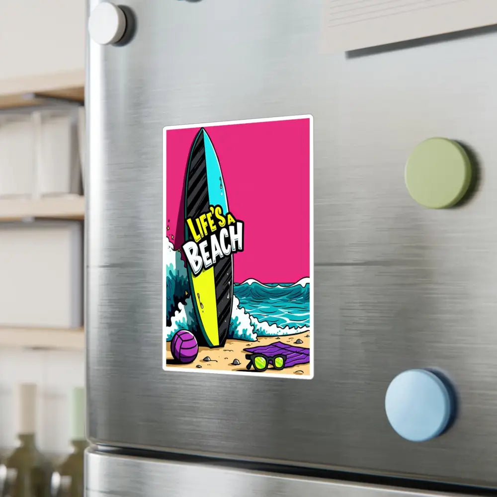 Cartoon Beach Scene Sticker Decal featuring a vibrant beach-themed magnet design