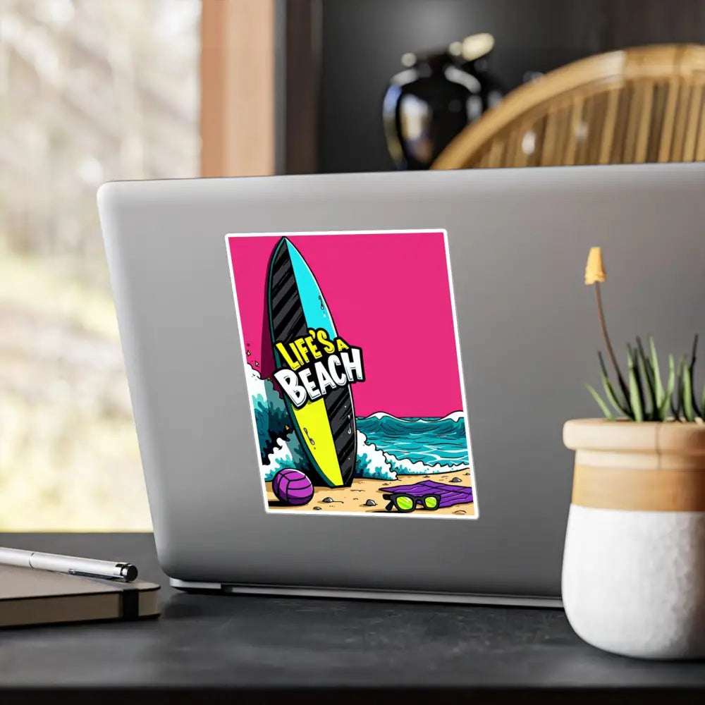 Cartoon Beach Scene Sticker Decal featuring a vibrant beach scene on a laptop