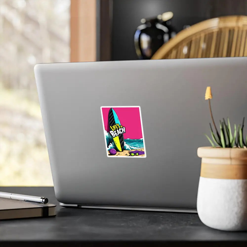 Cartoon Beach Scene Sticker Decal featuring a vibrant beach scene on a laptop