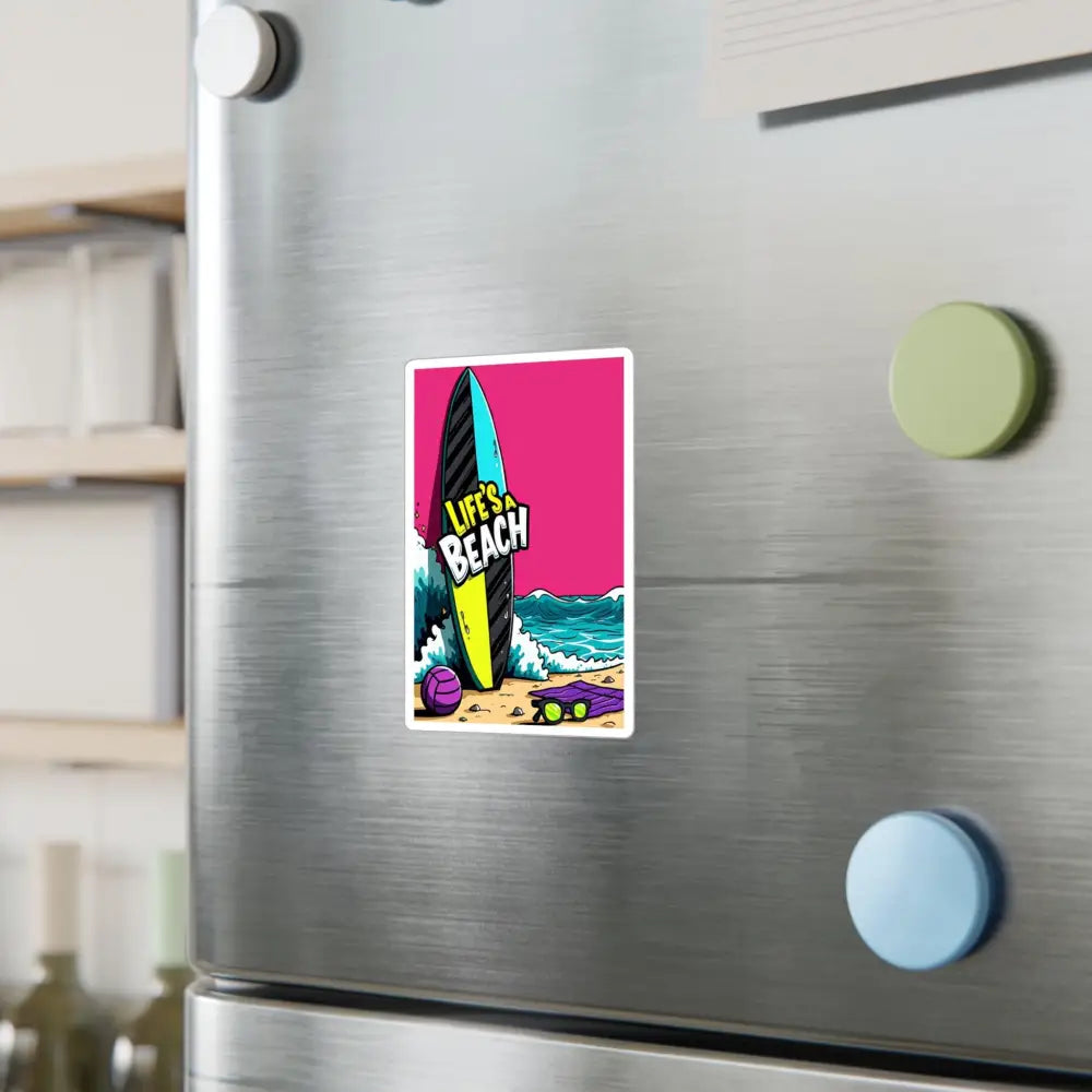 Surf-themed refrigerator magnet featuring a Cartoon Beach Scene Sticker Decal design