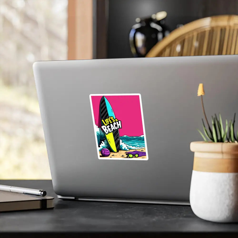 Cartoon Beach Scene Sticker Decal featuring a colorful beach scene on a laptop