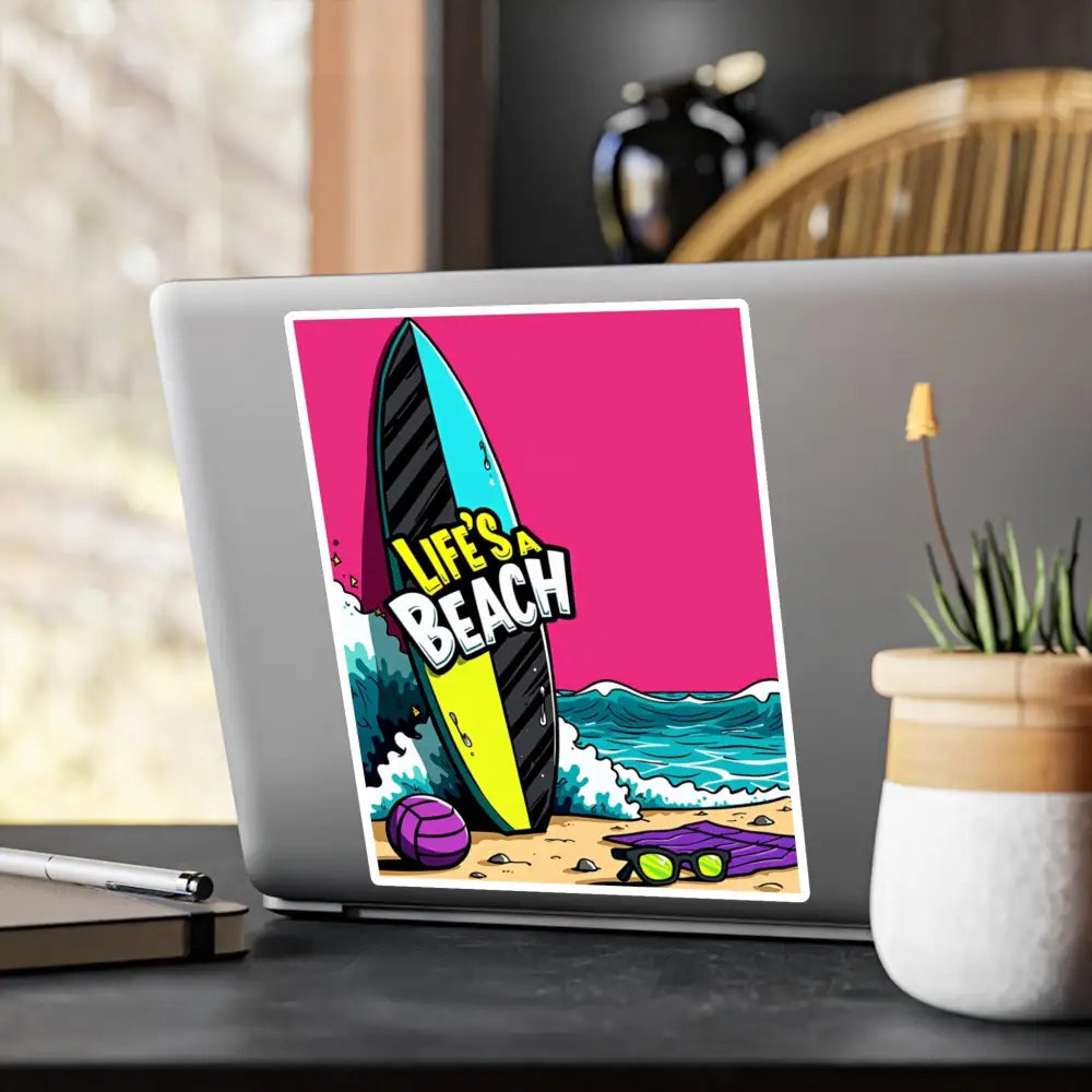 Laptop sticker featuring a vibrant Cartoon Beach Scene Sticker Decal design