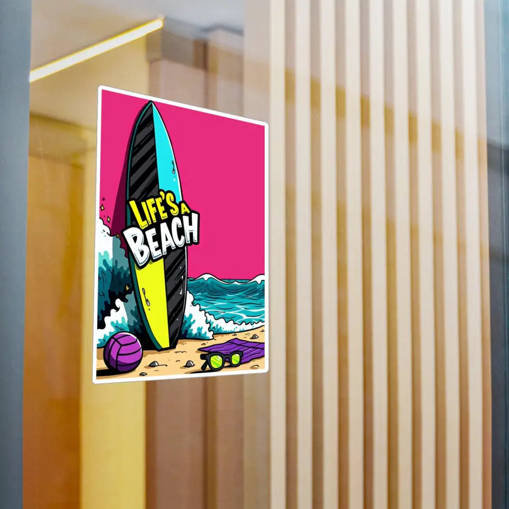 Cartoon Beach Scene Sticker Decal featuring a vibrant beach-themed design for decor