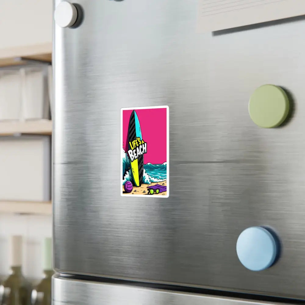 Cartoon Beach Scene Sticker Decal featuring a colorful surfboard and beach scene magnet