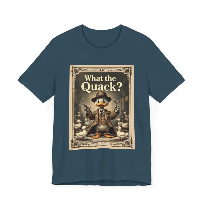 Blue t-shirt featuring a cartoon duck detective graphic with humorous design