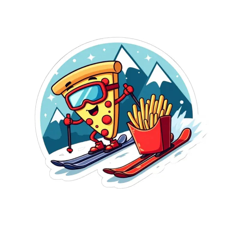 Cartoon pizza slice skiing with fries in Cartoon Pizza Slice Skiing Sticker Set