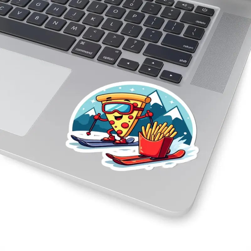 Cartoon sticker featuring a skiing pizza slice with French fries in vibrant colors
