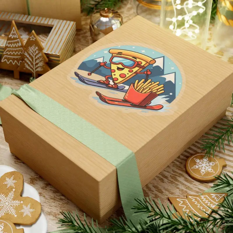 Gift box featuring a skiing pizza sticker from the Cartoon Pizza Slice Skiing set