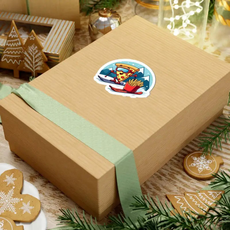 Wrapped gift box for Cartoon Pizza Slice Skiing with French Fries Sticker Set