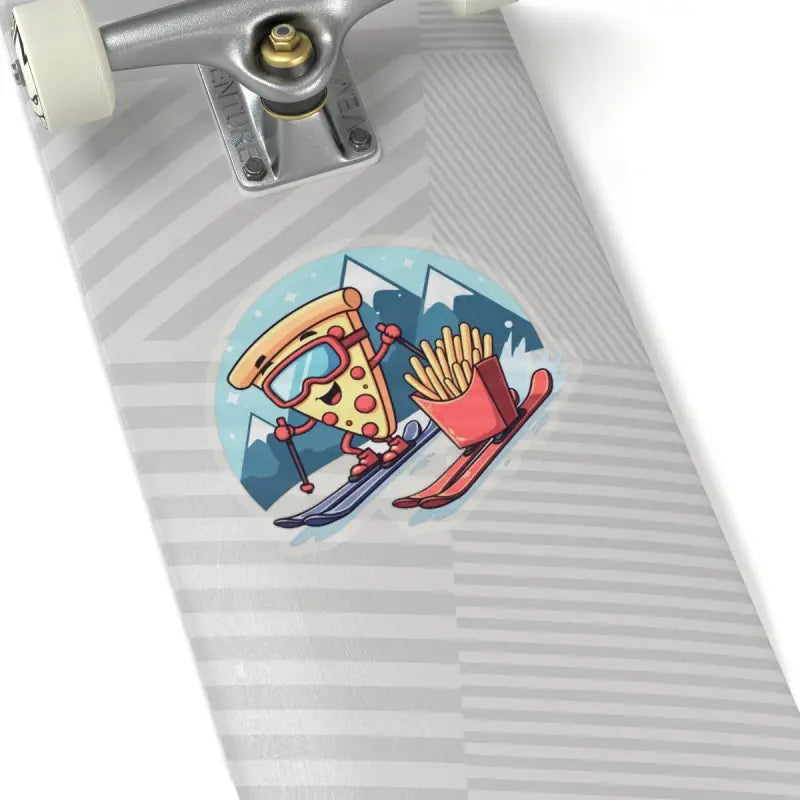 Skateboard featuring skiing pizza and fries sticker from Cartoon Pizza Slice Skiing Set