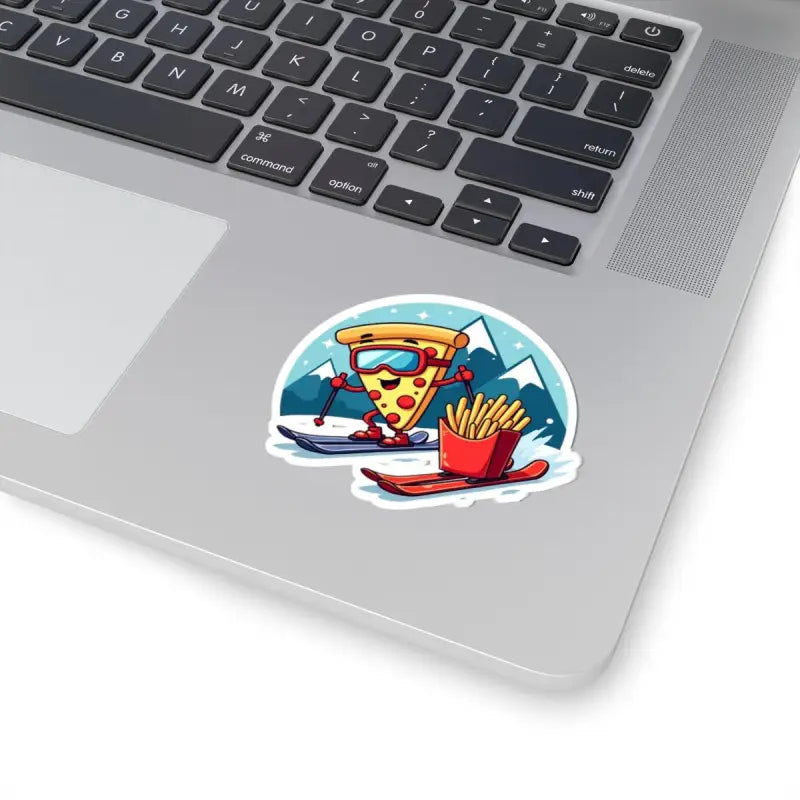 Cartoon Pizza Slice Skiing with French Fries Sticker Set on a Laptop