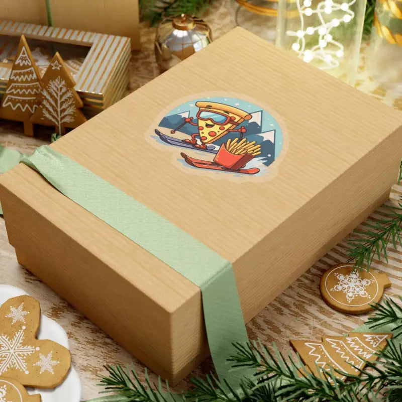 Brown gift box with Cartoon Pizza Slice Skiing and French Fries Sticker Set