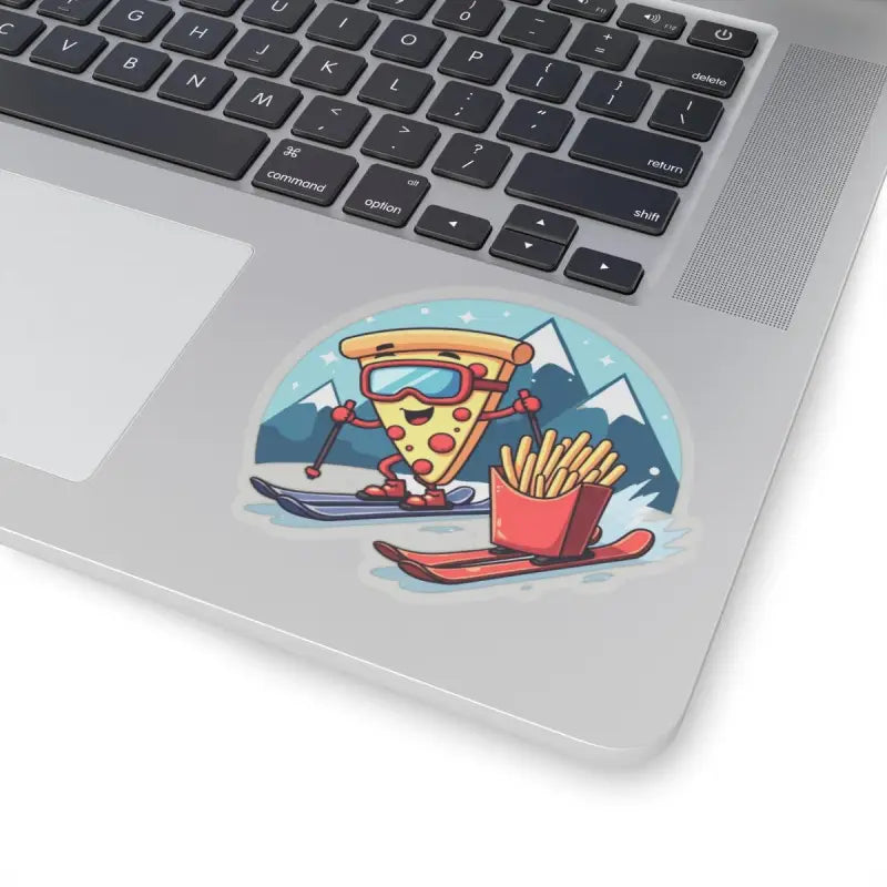 Cartoon Pizza Slice Skiing with French Fries Sticker Set on a Laptop Sticker