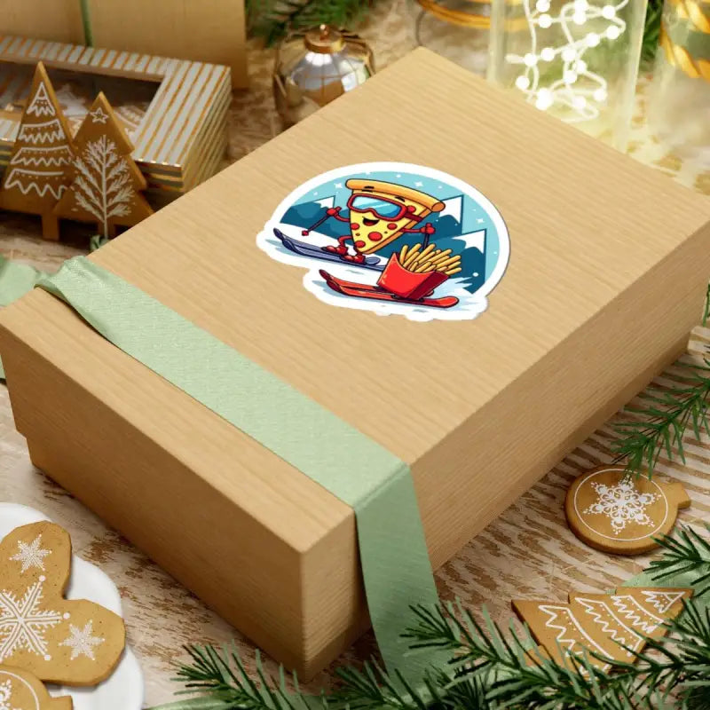 Gift box featuring Cartoon Pizza Slice Skiing with French Fries Sticker Set