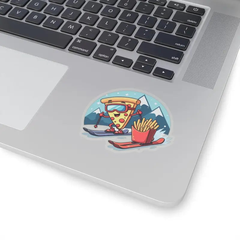 Cartoon Pizza Slice Skiing with French Fries Sticker Set on a laptop