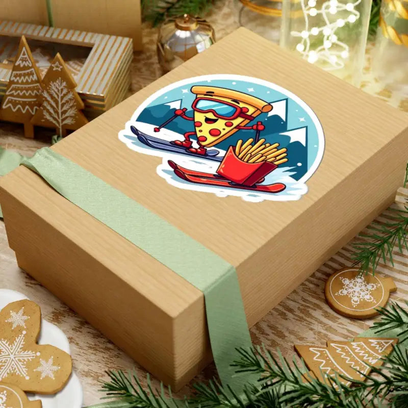 Gift box featuring Cartoon Pizza Slice Skiing with French Fries Sticker Set