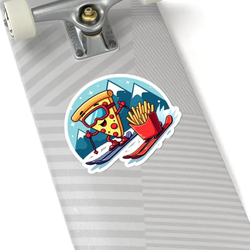 Cartoon sticker of pizza and fries skiing in a colorful design for fun decorations