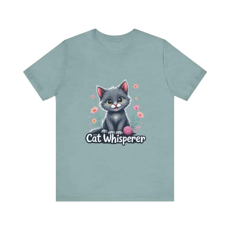 Light blue Cat Whisperer Unisex Jersey Tee featuring a playful cat design for cat lovers