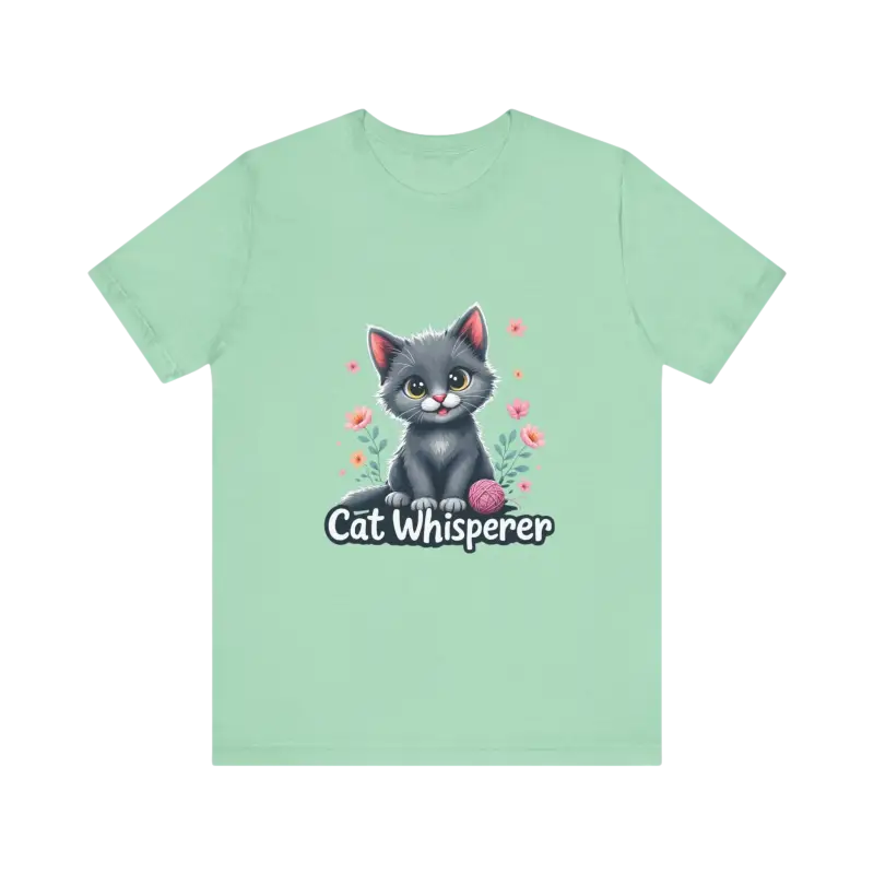Mint-green Cat Whisperer Unisex Jersey Tee featuring a cat graphic for cat lovers