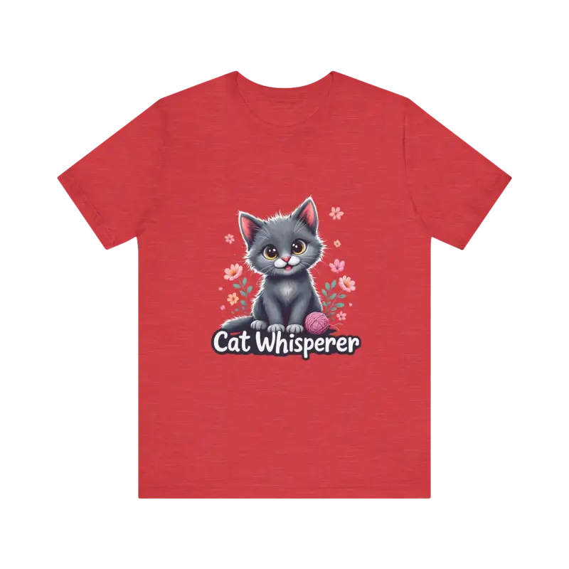 Red Cat Whisperer Unisex Jersey Tee featuring a playful cat graphic for cat lovers gift