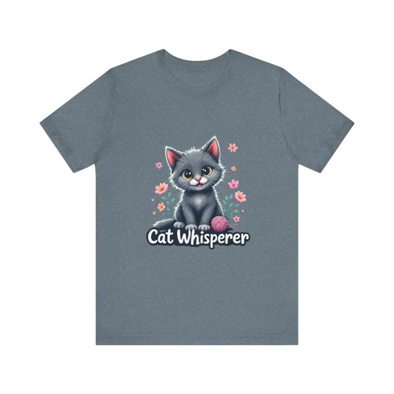 Gray Cat Whisperer Unisex Jersey Tee featuring a playful cat graphic for cat lovers