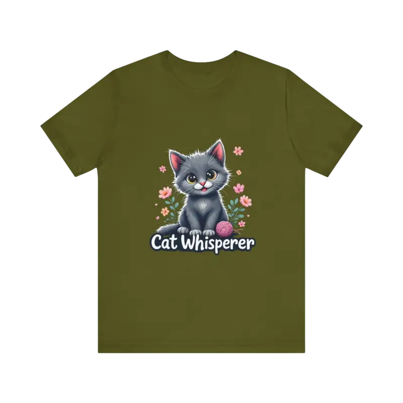Olive green Cat Whisperer unisex jersey tee for cat lovers gift on display