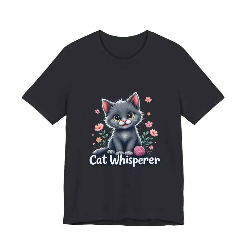 Black Cat Whisperer Unisex Jersey Tee featuring a playful cartoon cat design for cat lovers