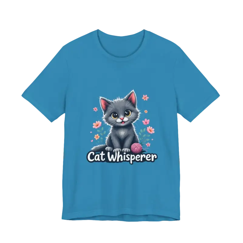 Blue Cat Whisperer Unisex Jersey Tee featuring a playful cat graphic for cat lovers