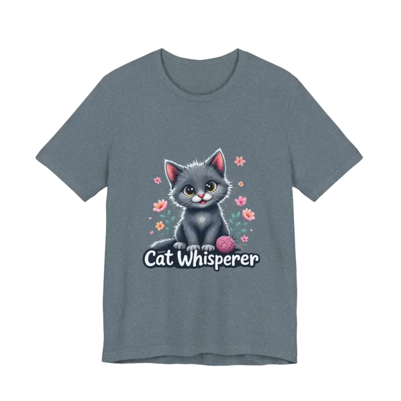 Gray t-shirt featuring a cat graphic from the Cat Whisperer Unisex Jersey Tee collection